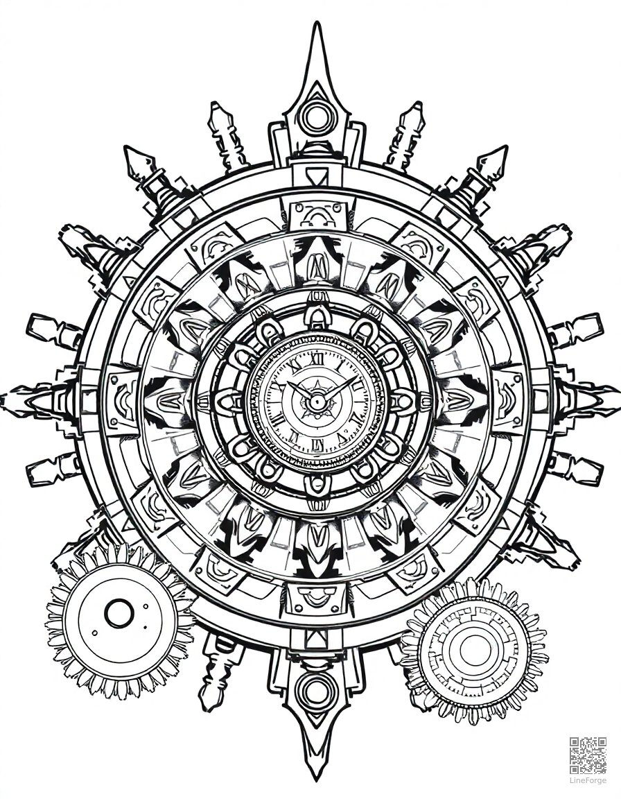 steampunk gear and clockwork mandala coloring page Manga style - free printable