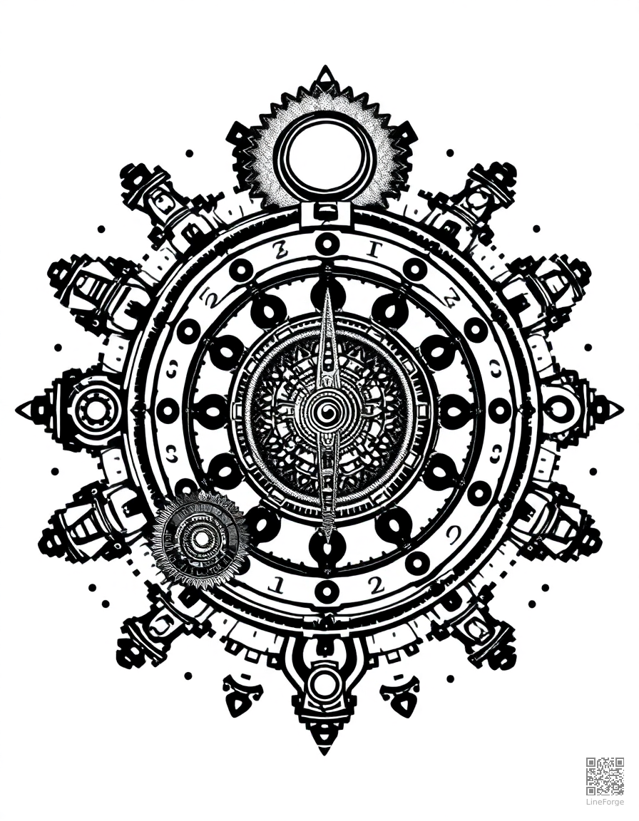 steampunk gear and clockwork mandala coloring page Stipple style - free printable