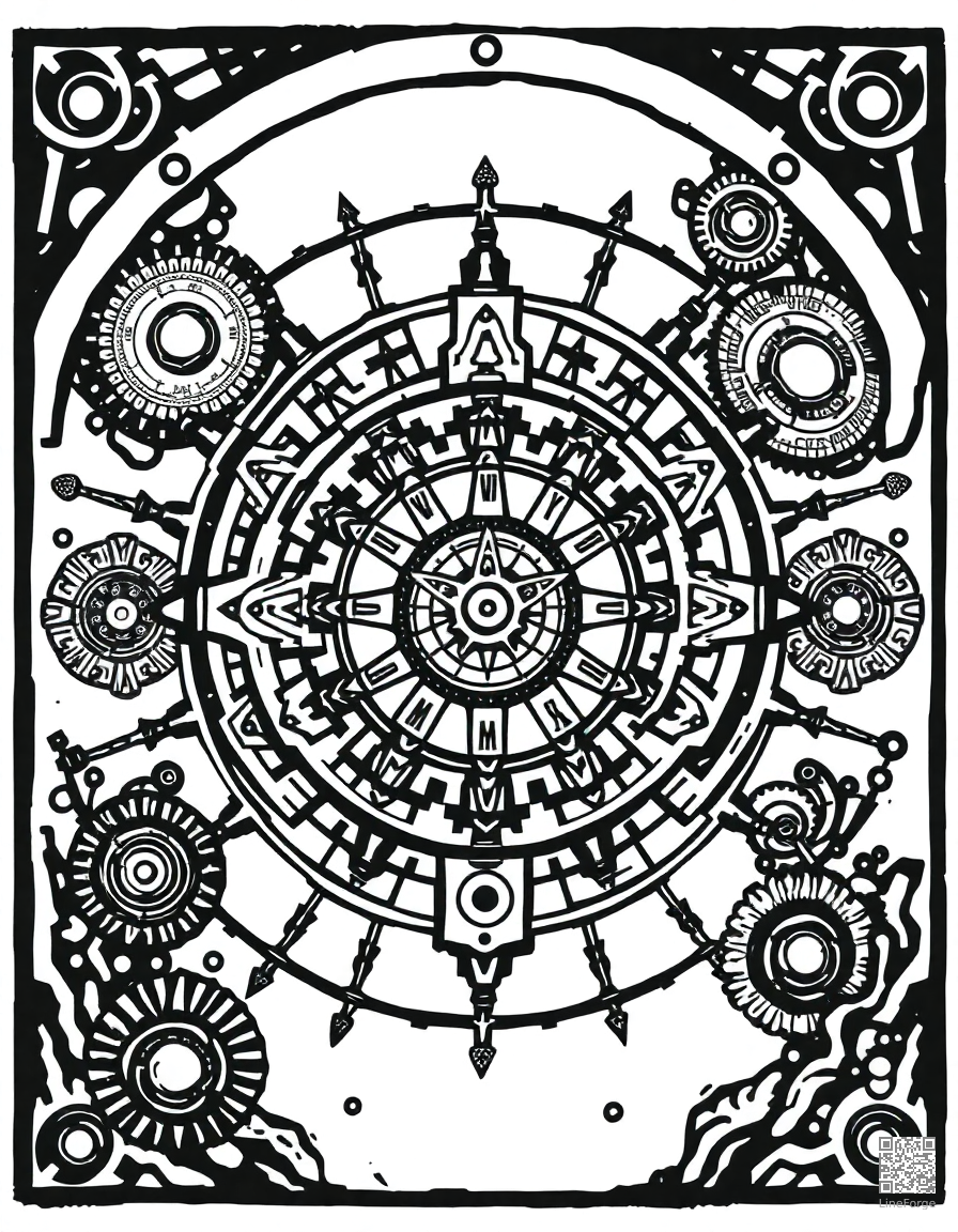 steampunk gear and clockwork mandala coloring page Woodcut style - free printable