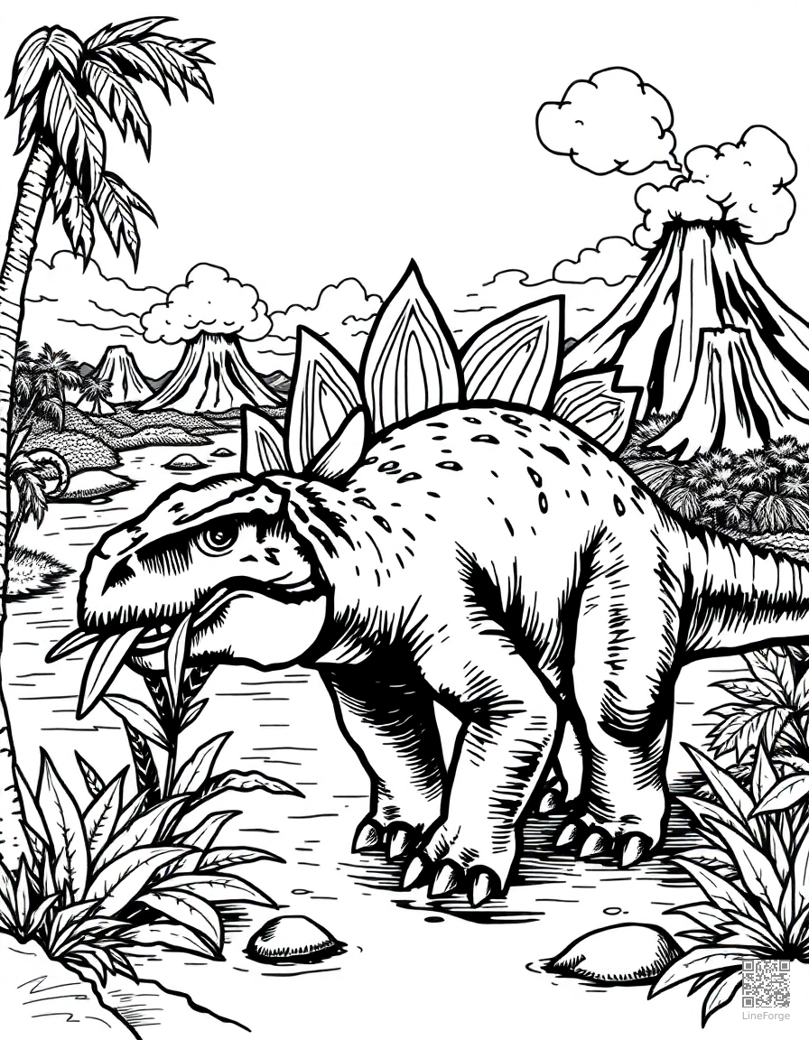 stegosaurus eating leaves by a river with volcanoes coloring page Crosshatch style - free printable