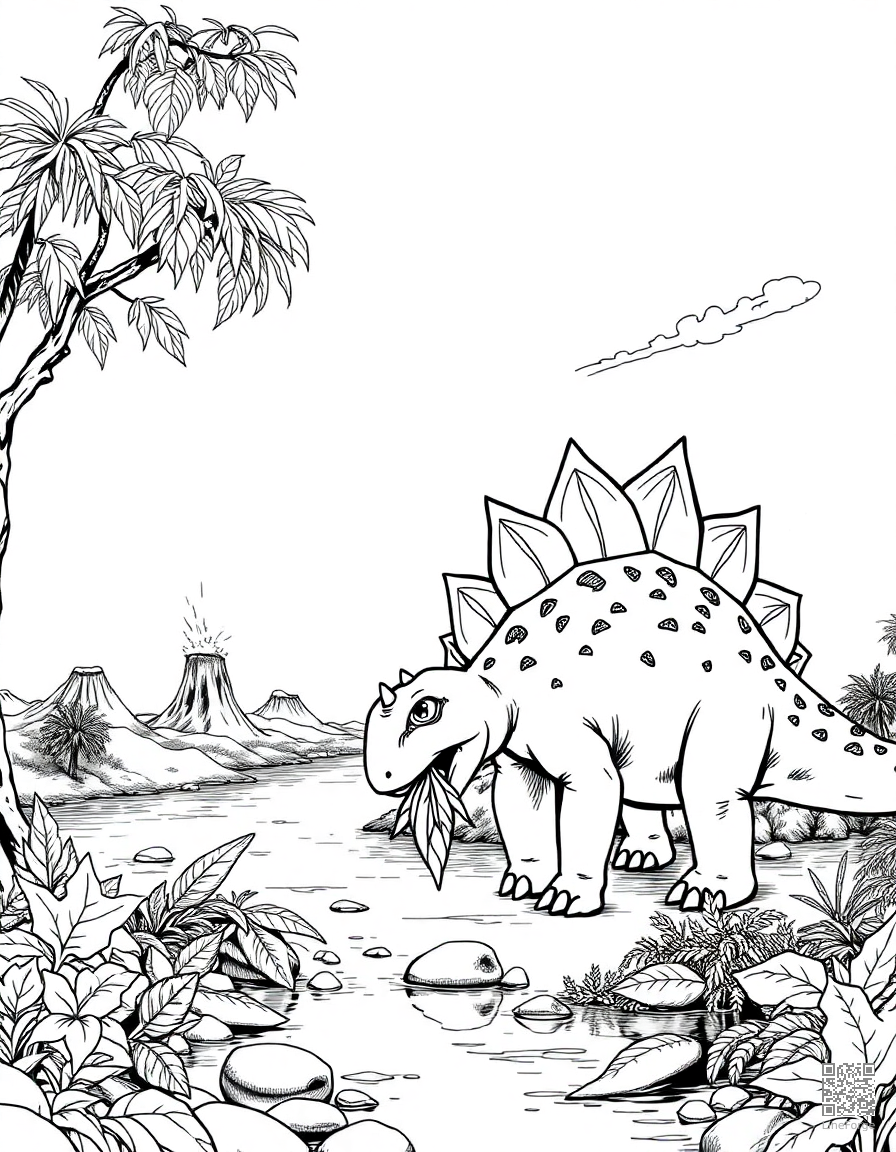 stegosaurus eating leaves by a river with volcanoes coloring page Manga style - free printable