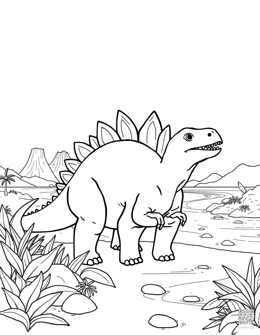 stegosaurus eating leaves by a river with volcanoes coloring page Minimal style - free printable