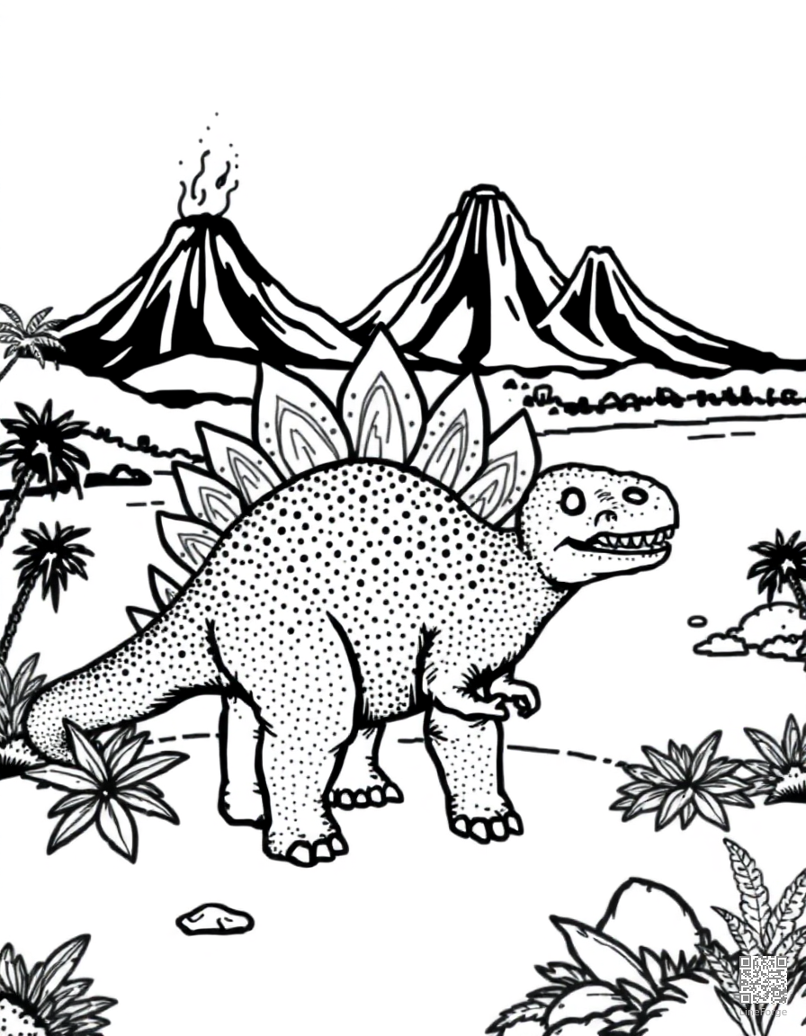 stegosaurus eating leaves by a river with volcanoes coloring page Stipple style - free printable