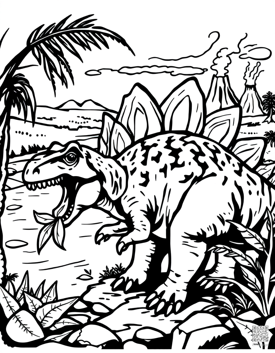stegosaurus eating leaves by a river with volcanoes coloring page Woodcut style - free printable