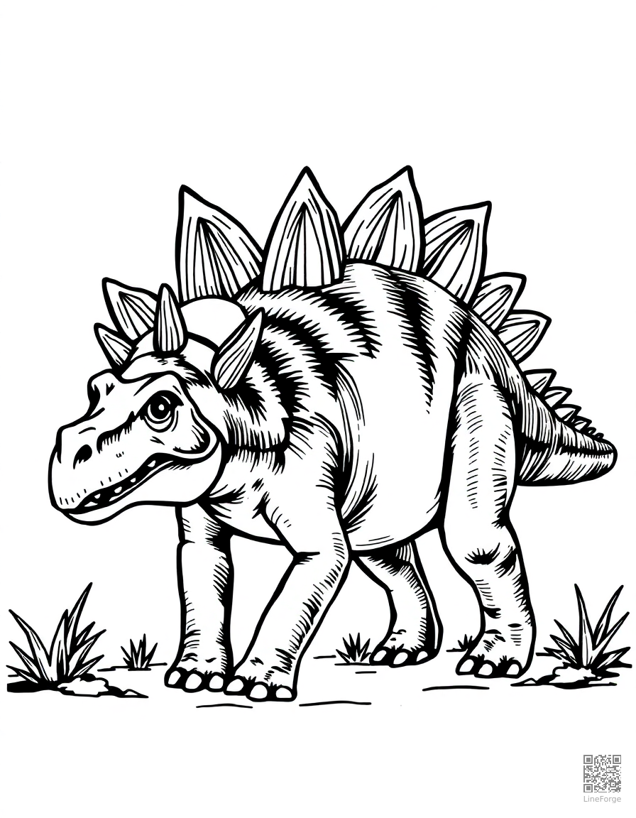 Stegosaurus with plates on its back coloring page Woodcut style - free printable