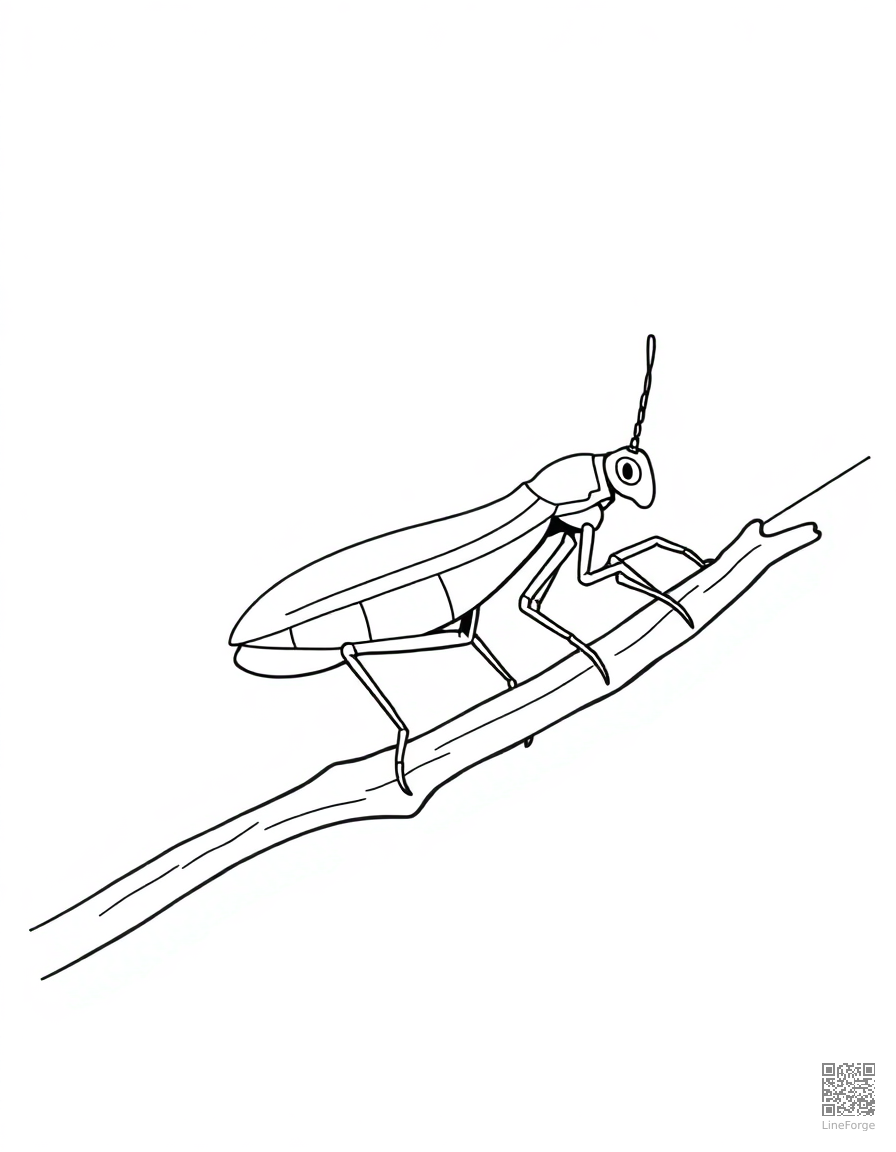 Free stick insect camouflaged on a branch coloring page in contour style — printable line art
