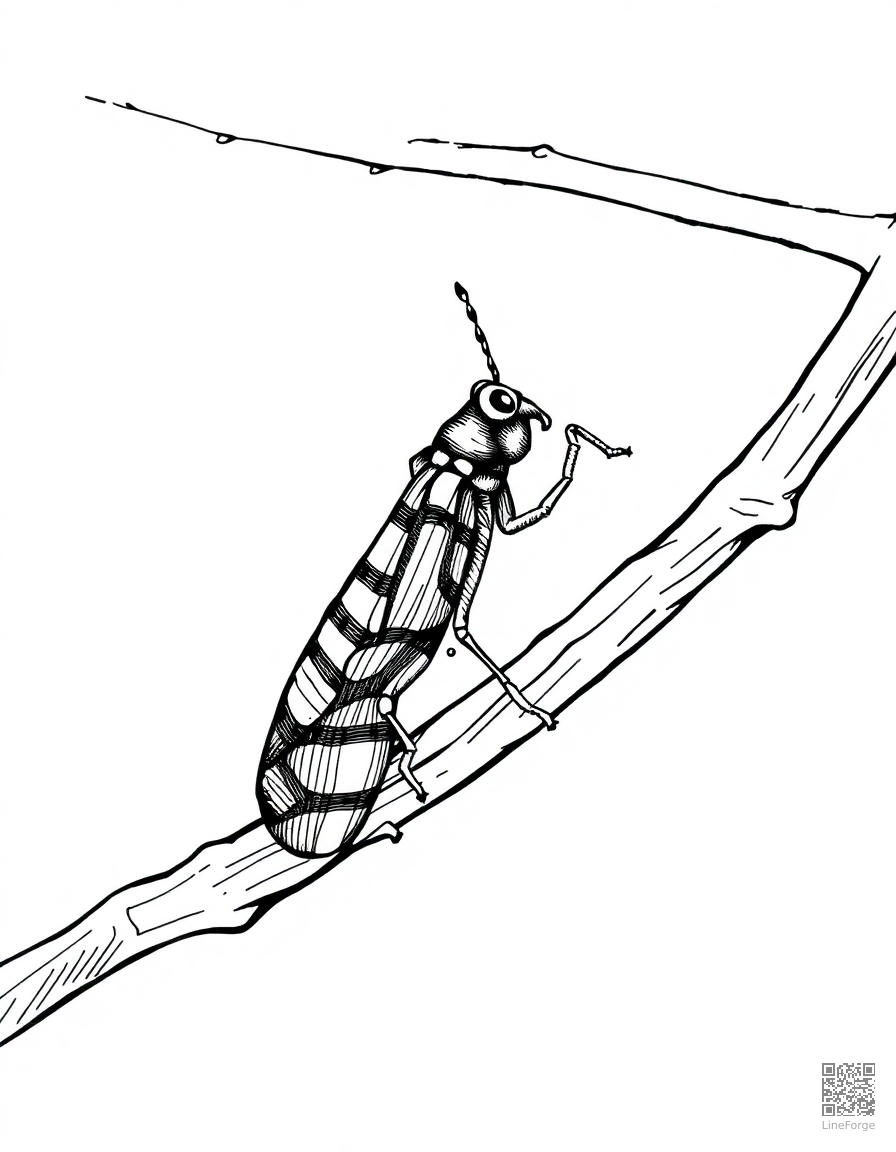 Free stick insect camouflaged on a branch coloring page in crosshatch style — printable line art