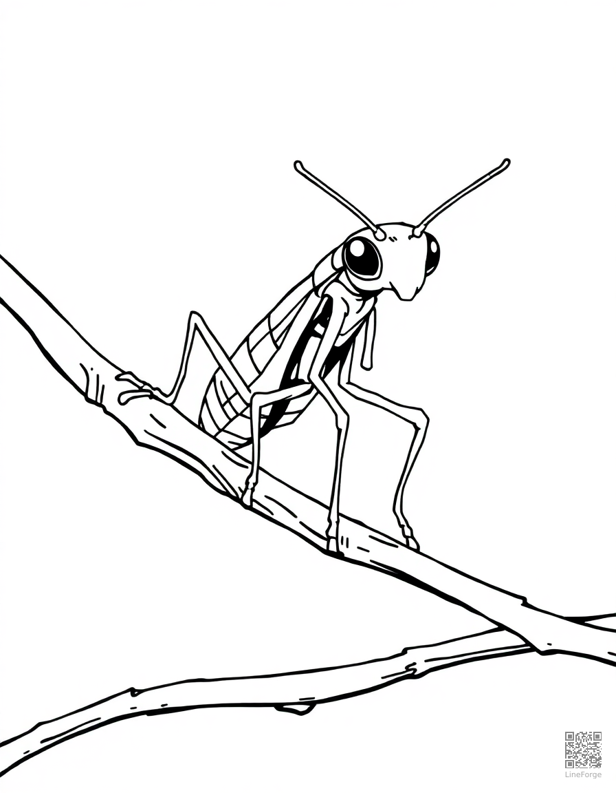Free stick insect camouflaged on a branch coloring page in manga style — printable line art