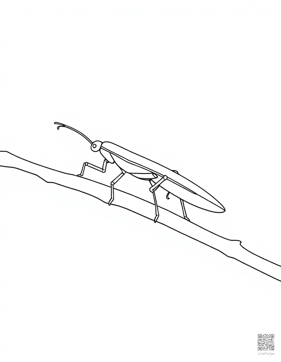 Free stick insect camouflaged on a branch coloring page in minimal style — printable line art