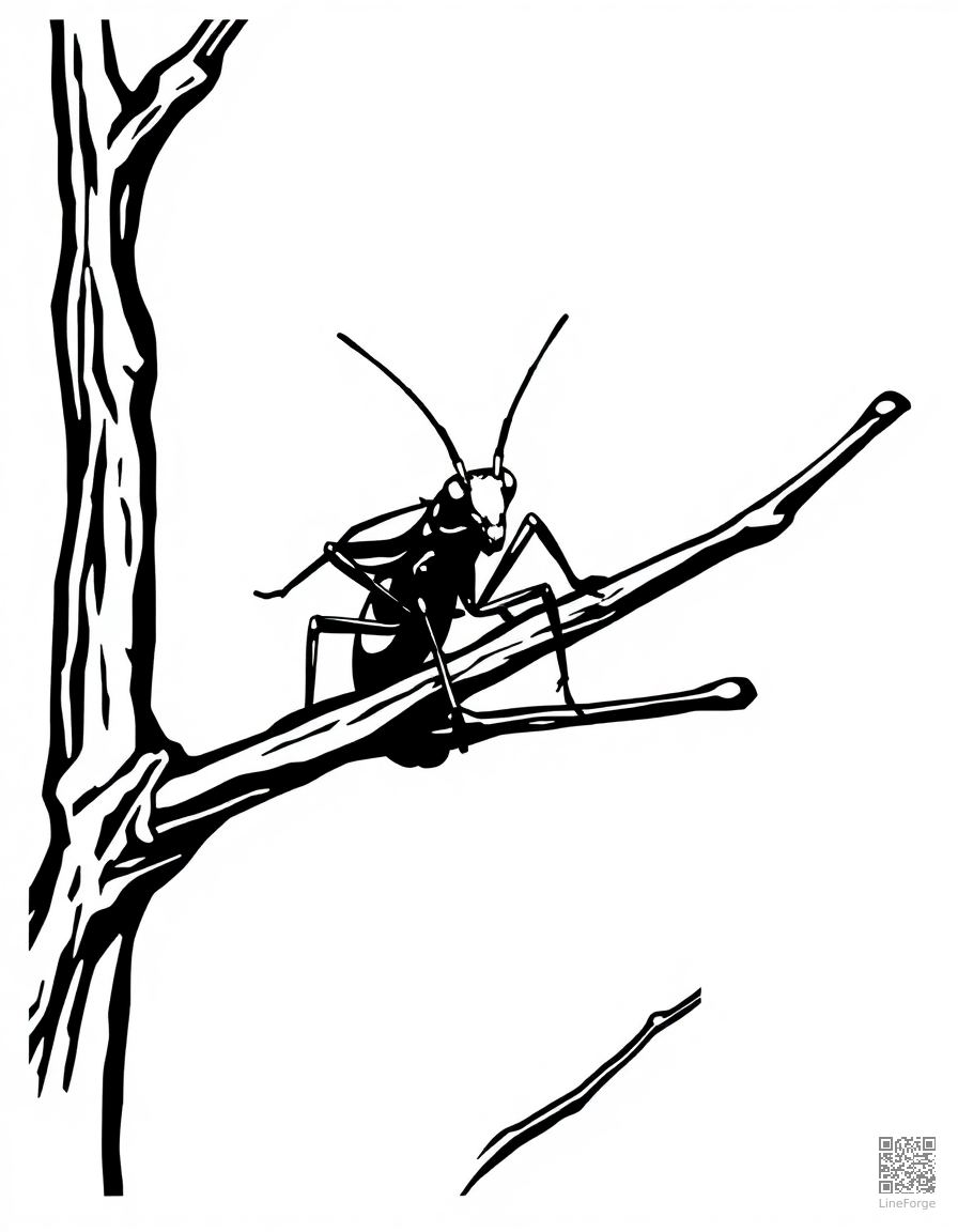 Free stick insect camouflaged on a branch coloring page in woodcut style — printable line art