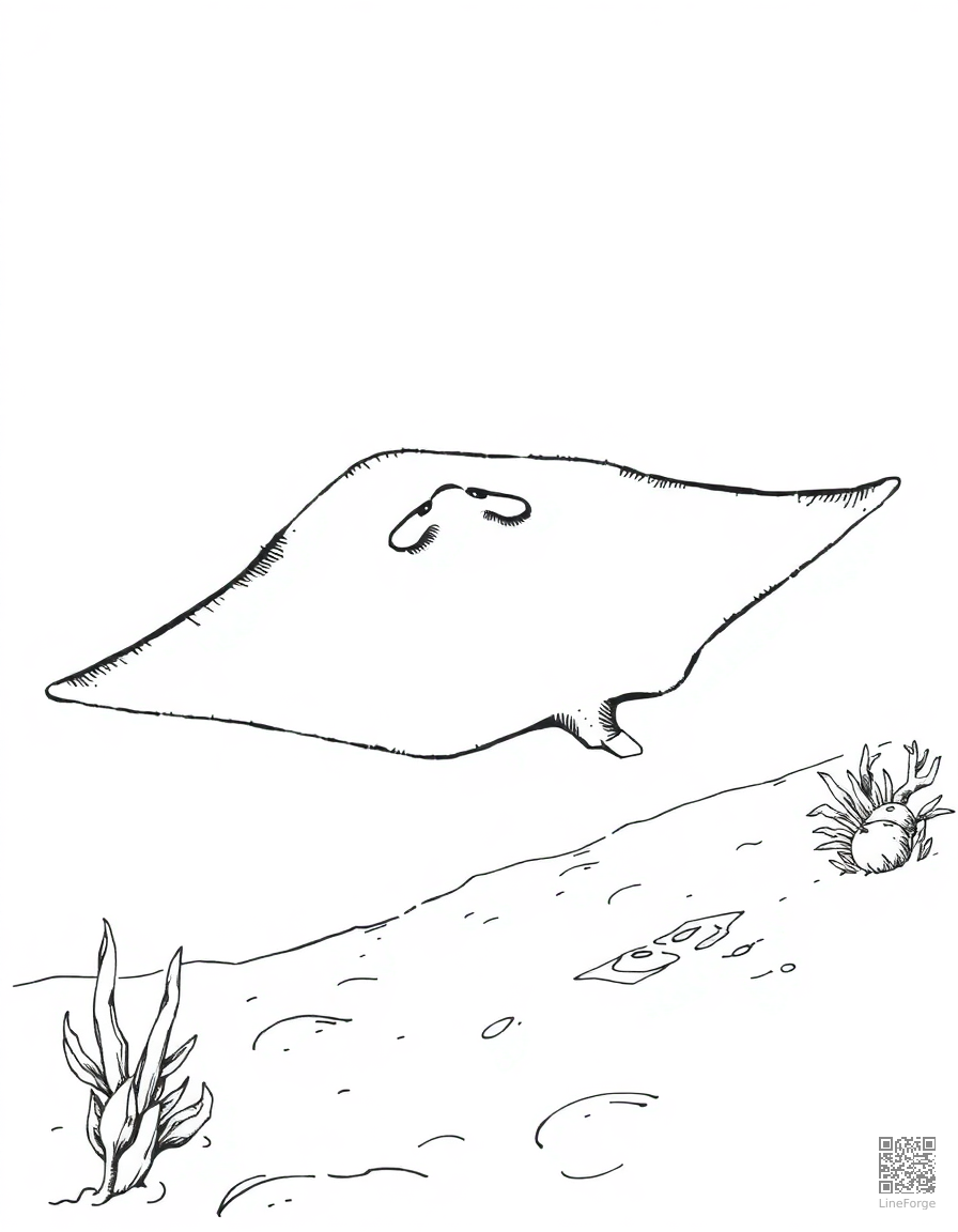 stingray gliding over a sandy bottom coloring page Crosshatch style - free printable
