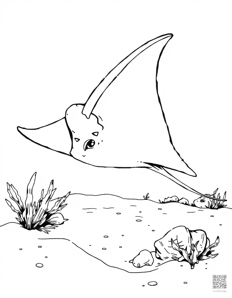 stingray gliding over a sandy bottom coloring page Manga style - free printable