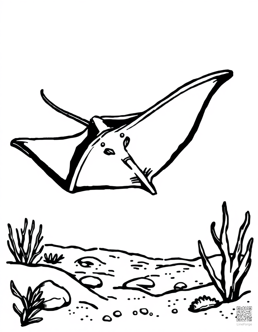 stingray gliding over a sandy bottom coloring page Woodcut style - free printable