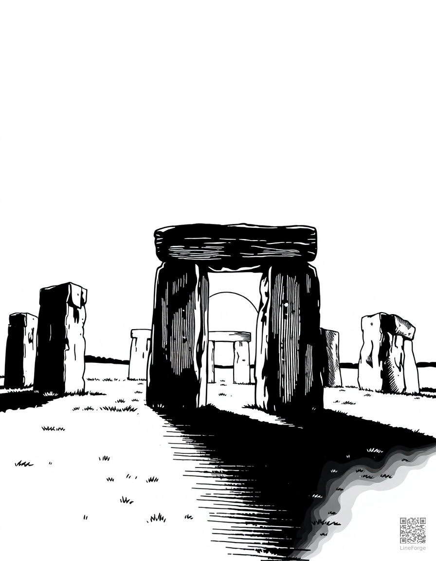stonehenge at sunset coloring page Crosshatch style - free printable