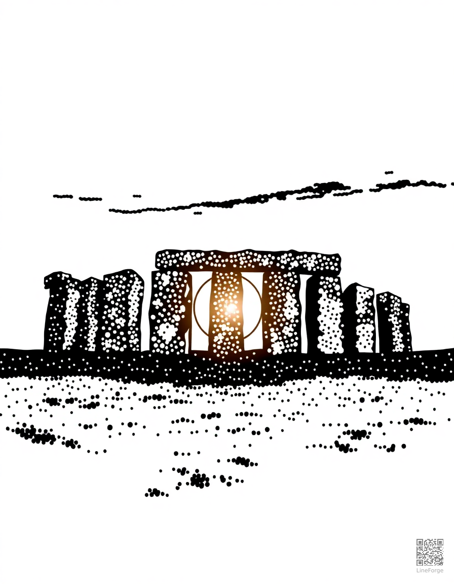 stonehenge at sunset coloring page Stipple style - free printable
