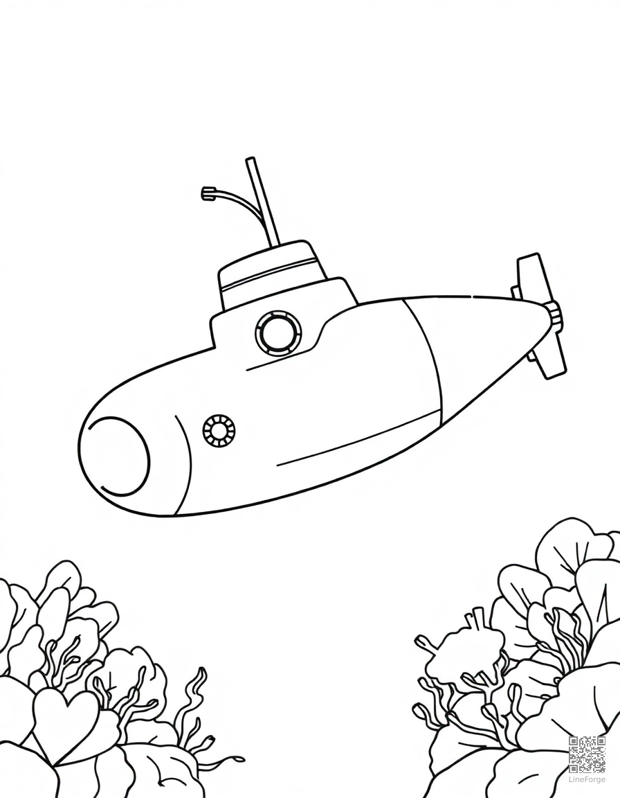 Free submarine exploring the deep ocean coloring page in contour style — printable line art