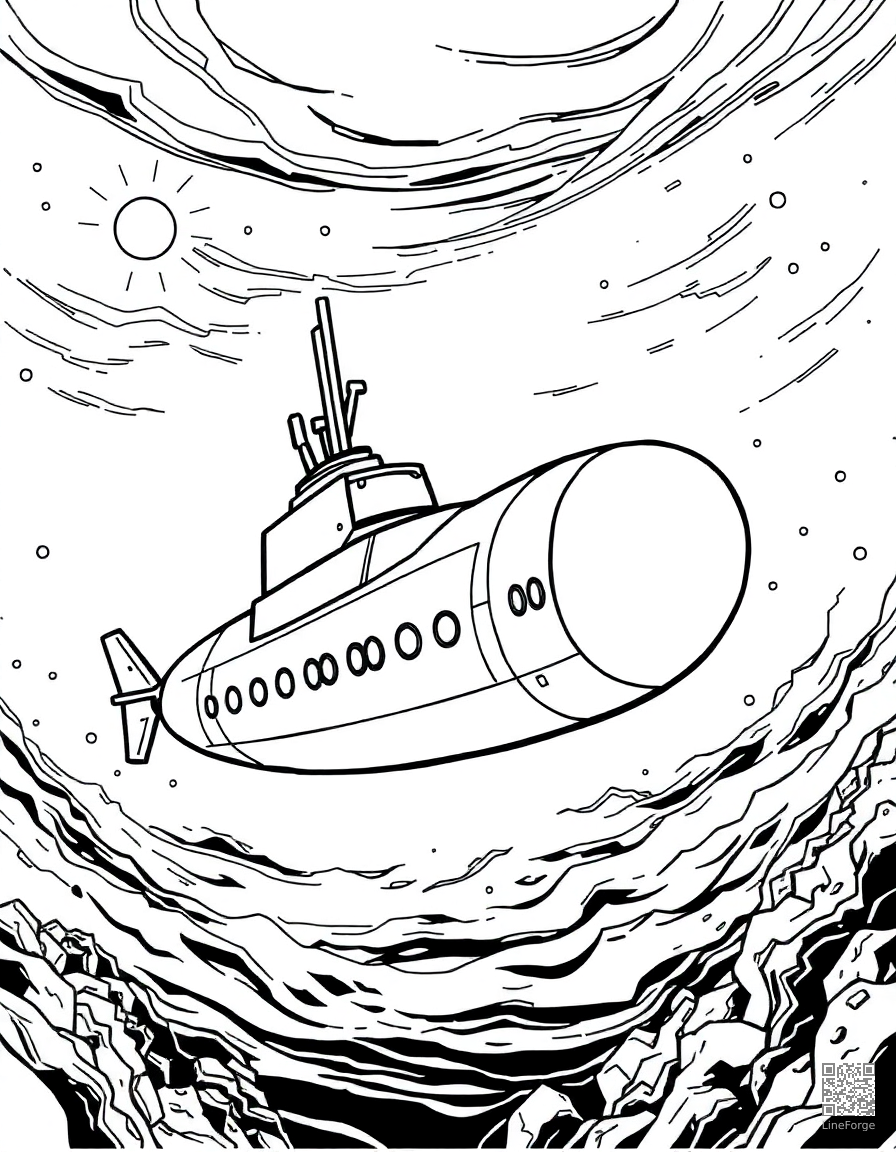 submarine exploring the deep ocean coloring page Manga style - free printable