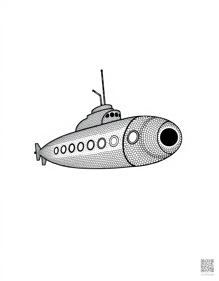 submarine exploring the deep ocean coloring page Stipple style - free printable