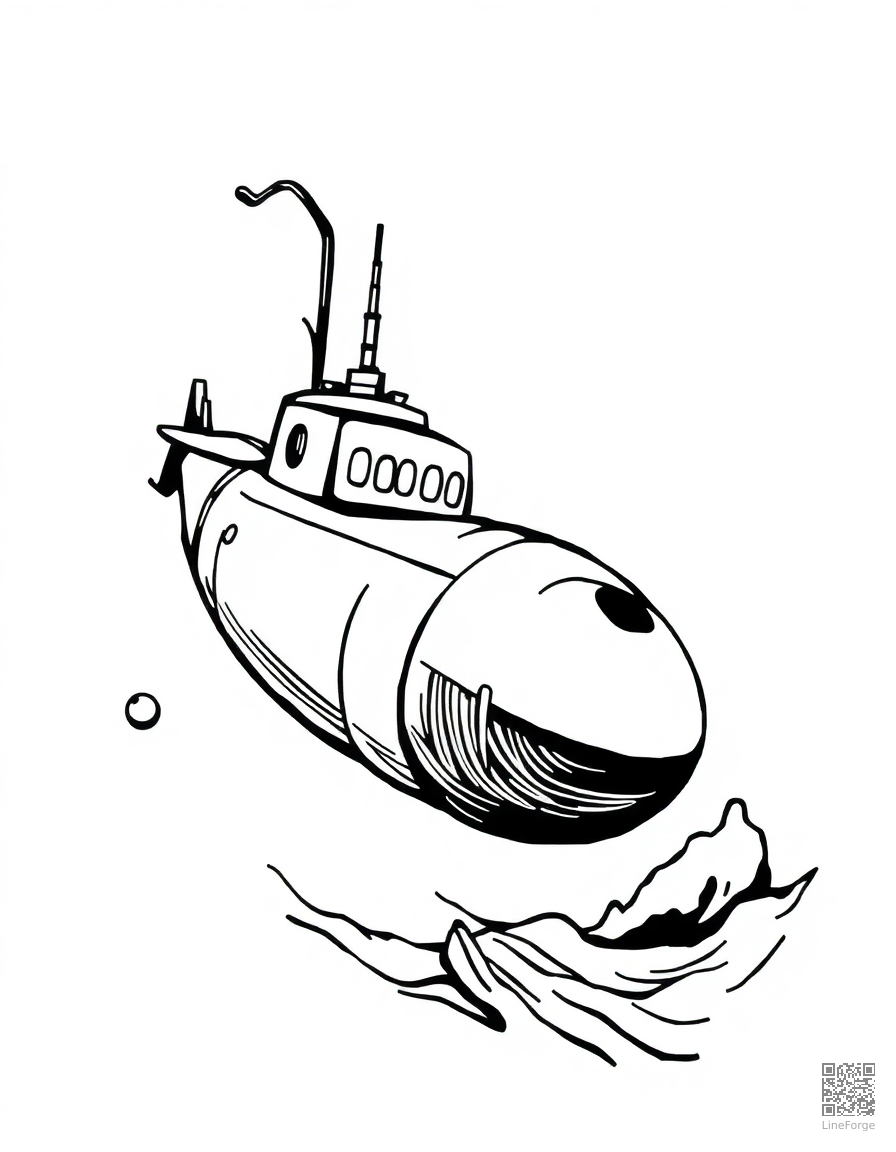 submarine exploring the deep ocean coloring page Woodcut style - free printable
