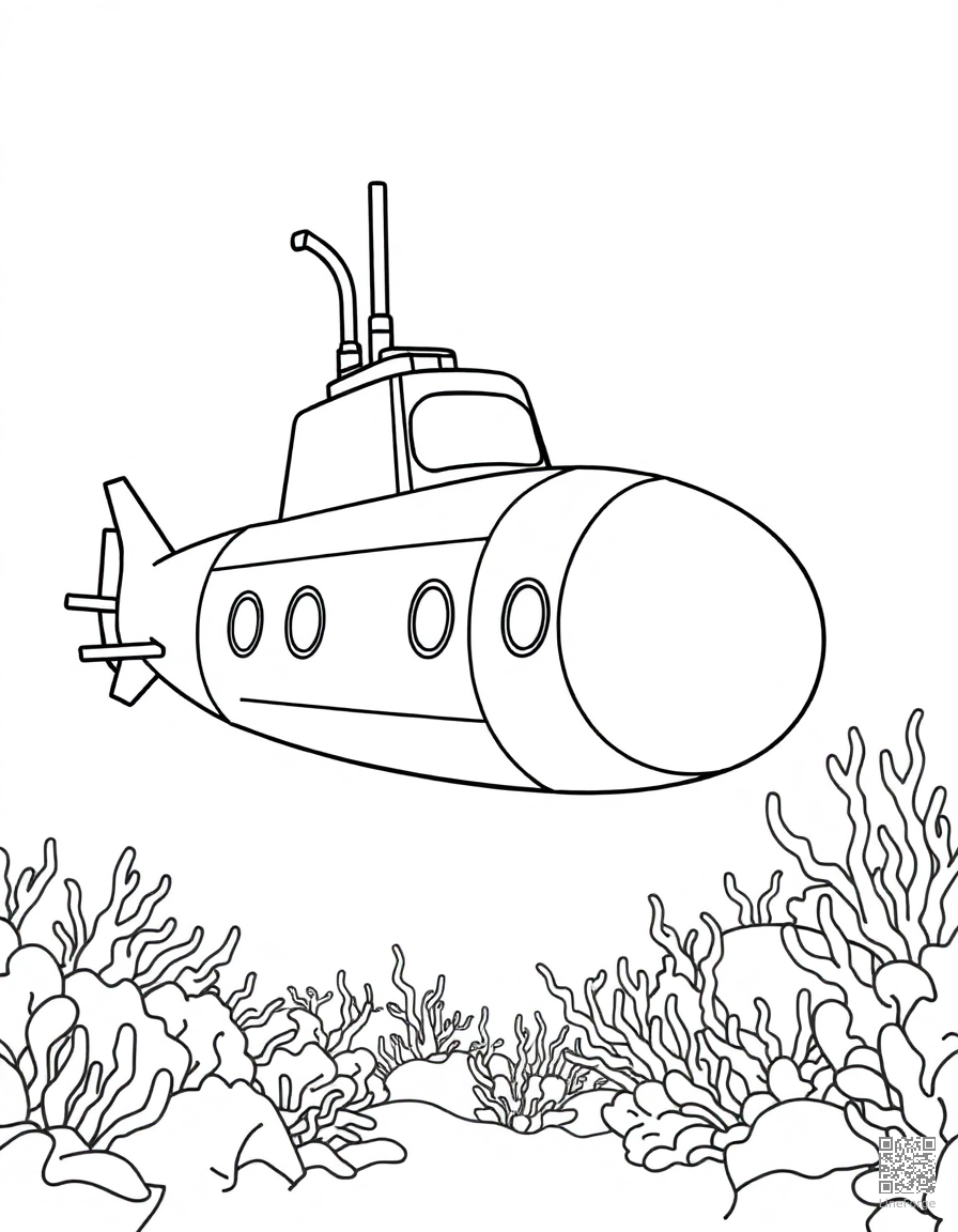 Free submarine exploring the ocean floor coloring page in contour style — printable line art