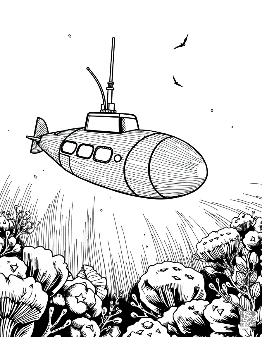 submarine exploring the ocean floor coloring page Crosshatch style - free printable
