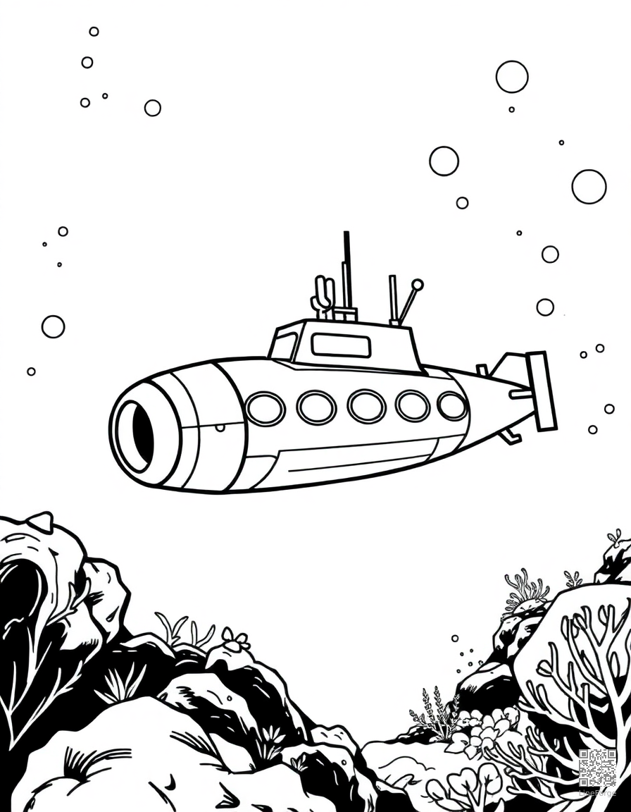 Free submarine exploring the ocean floor coloring page in manga style — printable line art