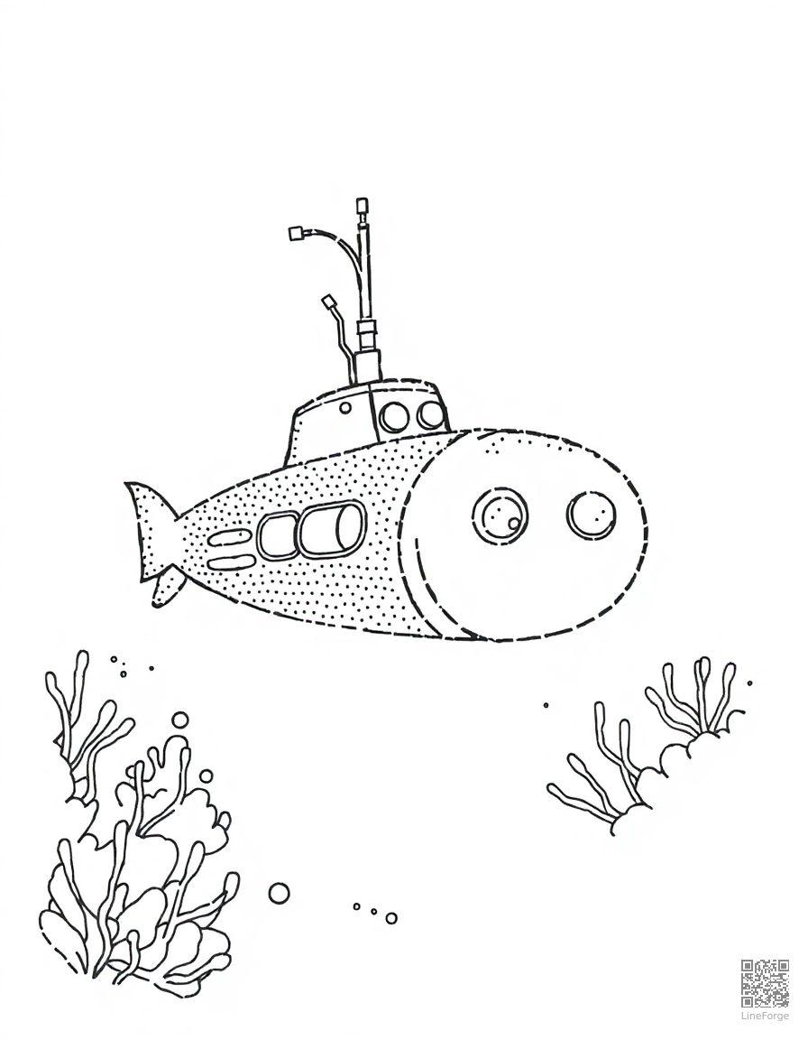 Free submarine exploring the ocean floor coloring page in stipple style — printable line art