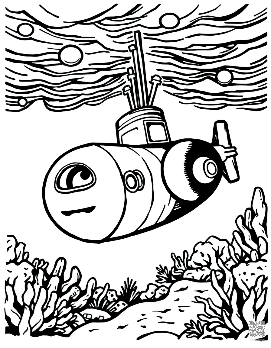 submarine exploring the ocean floor coloring page Woodcut style - free printable
