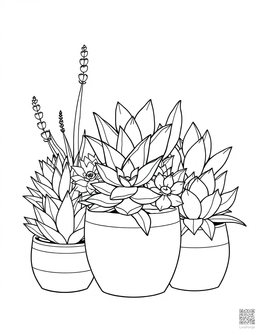 Free succulent garden arrangement in pots coloring page in contour style — printable line art