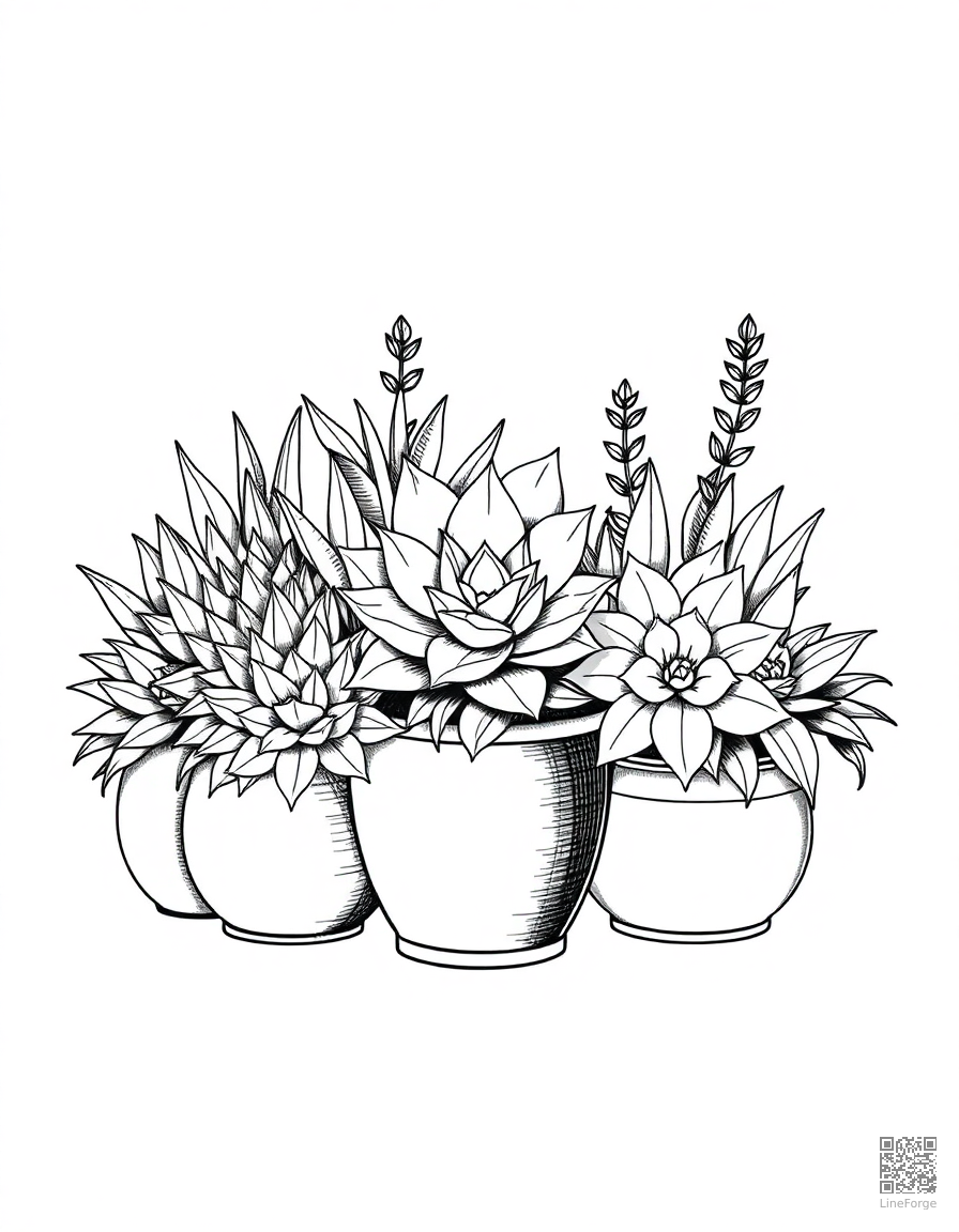 Free succulent garden arrangement in pots coloring page in crosshatch style — printable line art