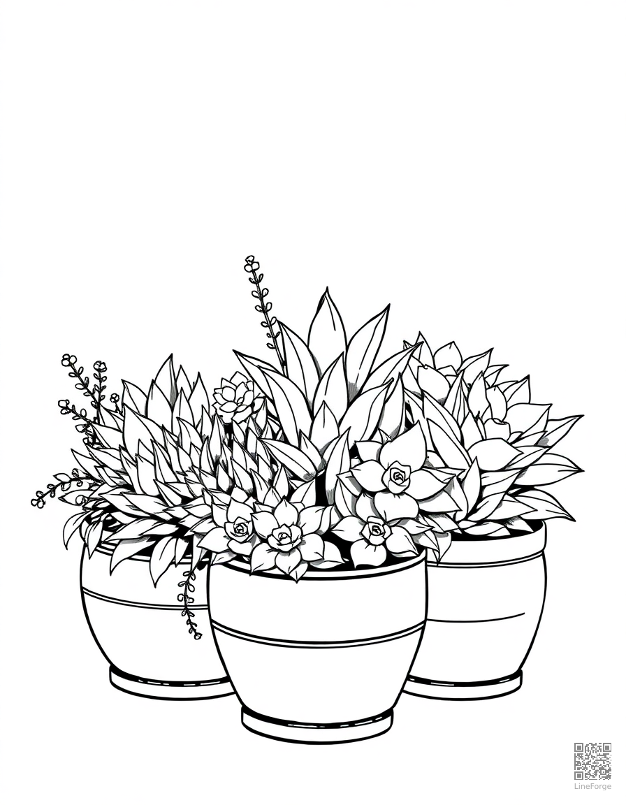 Free succulent garden arrangement in pots coloring page in manga style — printable line art