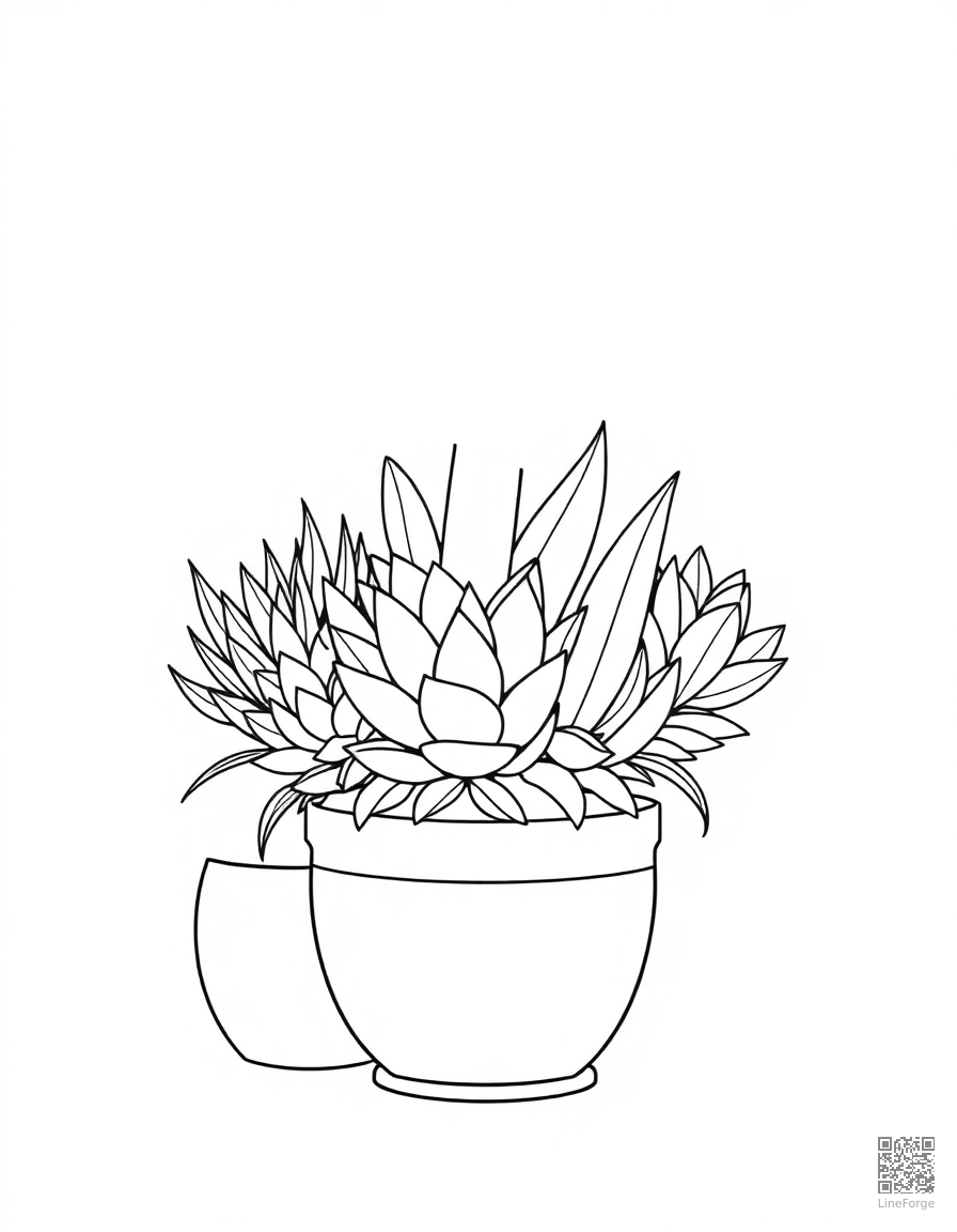 Free succulent garden arrangement in pots coloring page in minimal style — printable line art