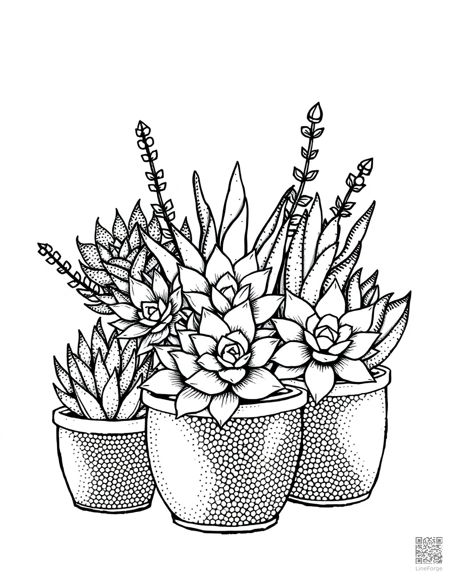 Free succulent garden arrangement in pots coloring page in stipple style — printable line art