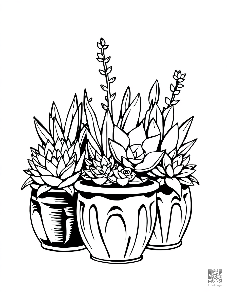 Free succulent garden arrangement in pots coloring page in woodcut style — printable line art