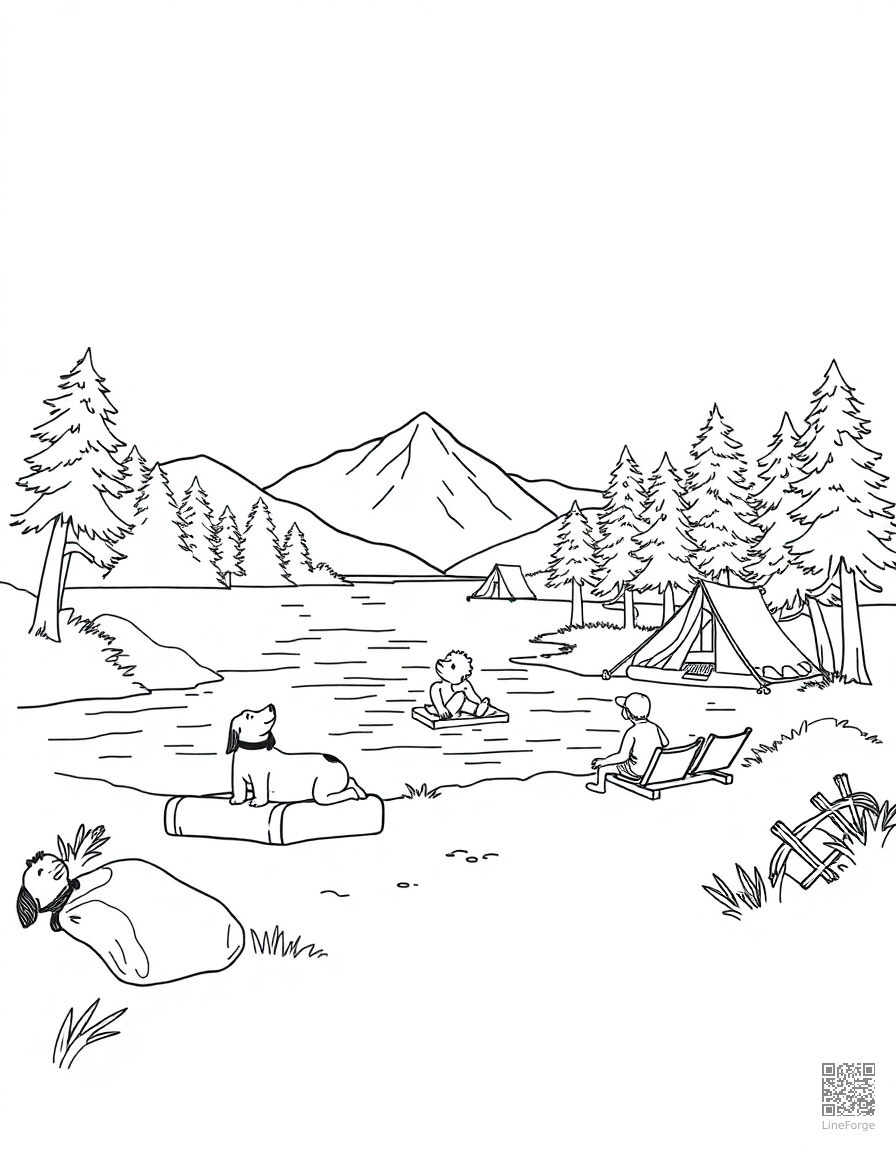 Free summer camp activities by a lake coloring page in contour style — printable line art