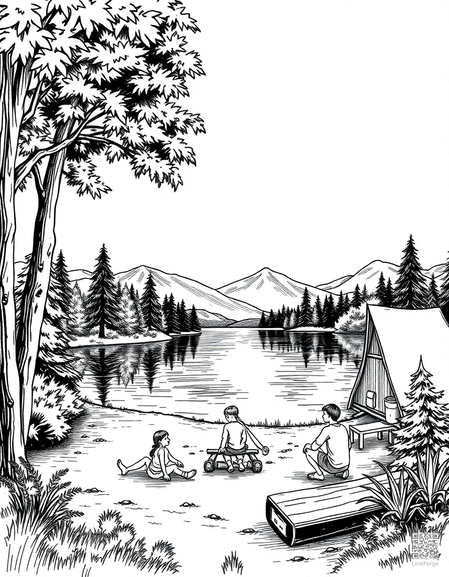 Free summer camp activities by a lake coloring page in crosshatch style — printable line art