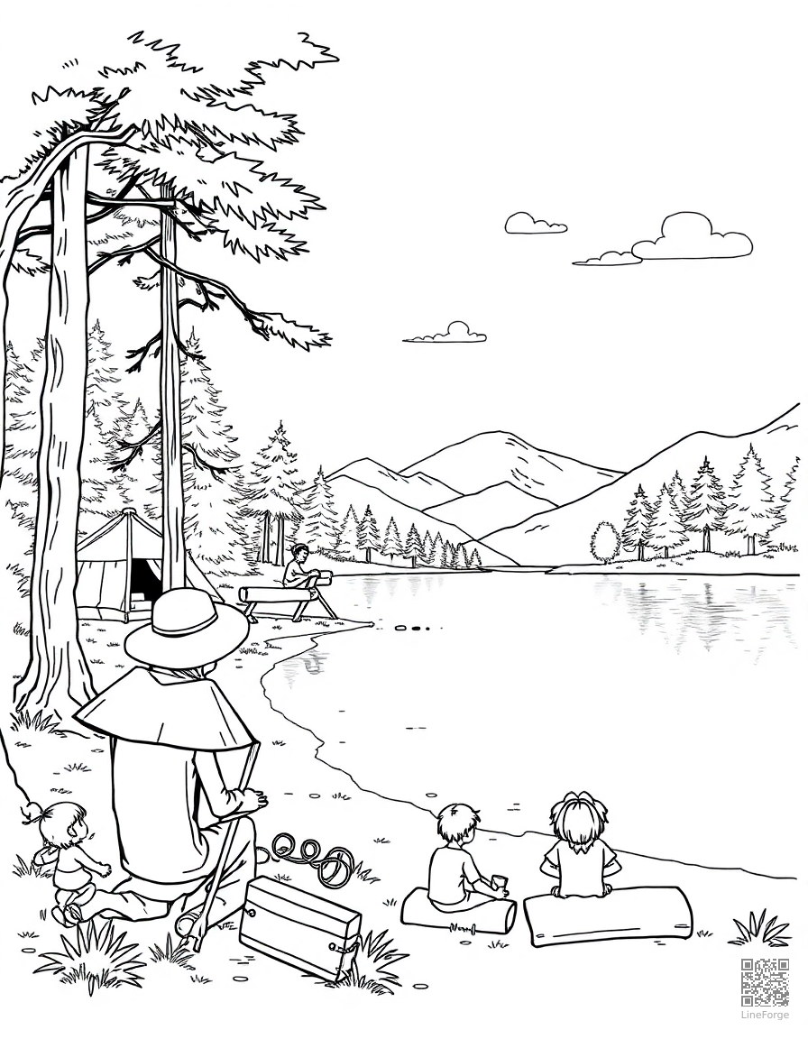 Free summer camp activities by a lake coloring page in manga style — printable line art