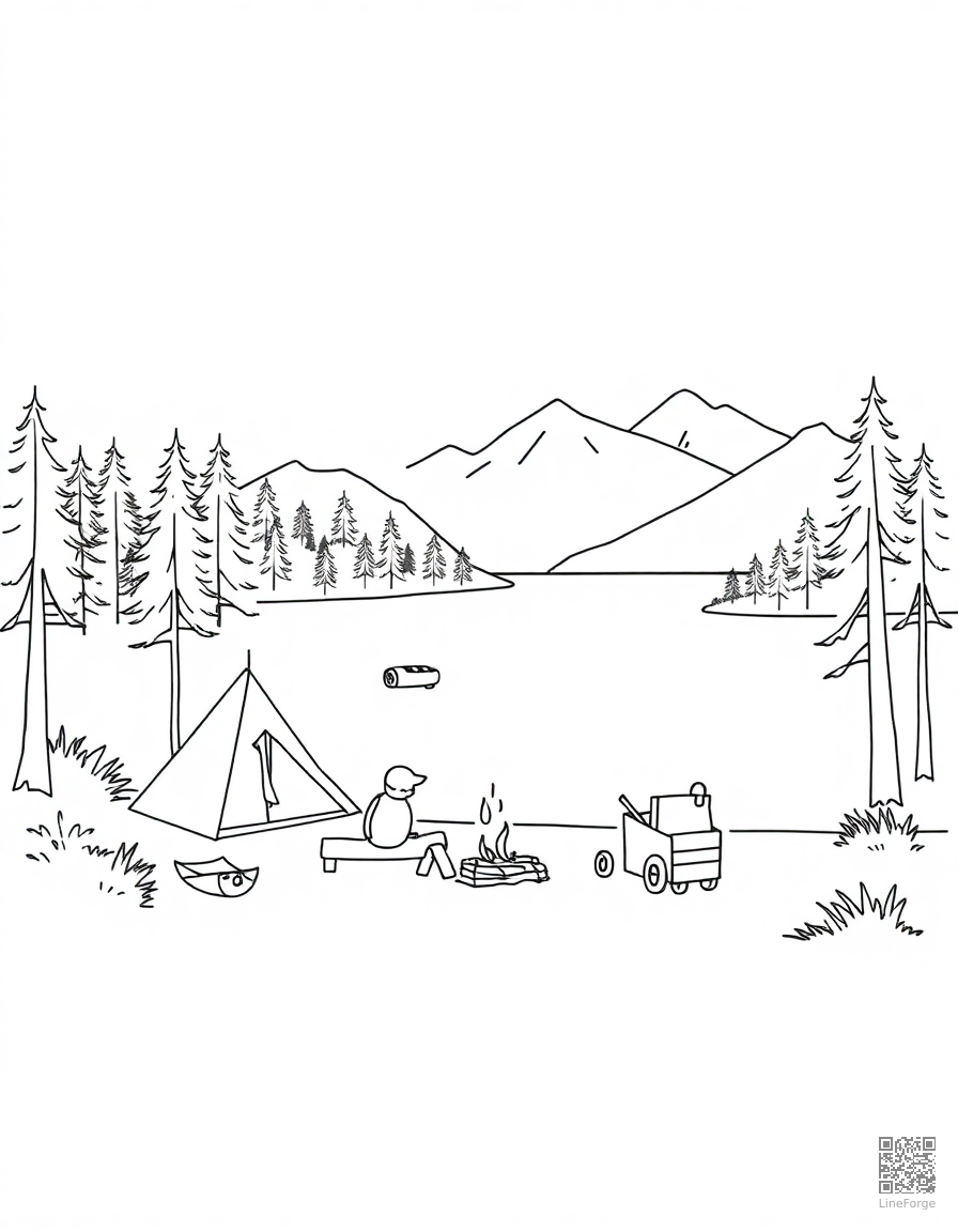 Free summer camp activities by a lake coloring page in minimal style — printable line art