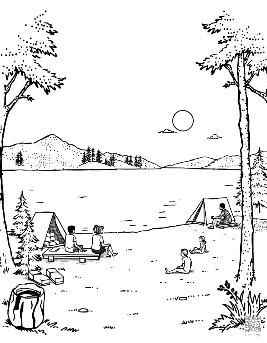 Free summer camp activities by a lake coloring page in stipple style — printable line art