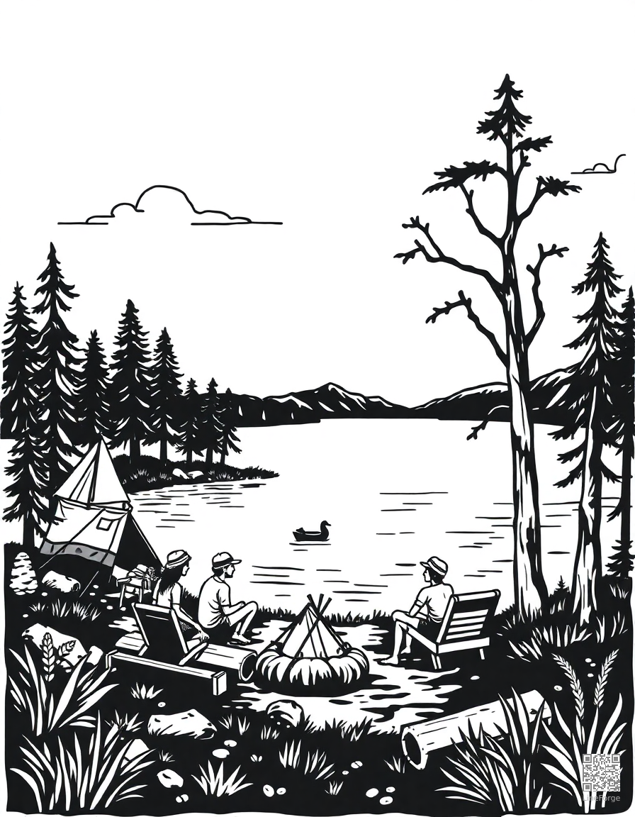 Free summer camp activities by a lake coloring page in woodcut style — printable line art