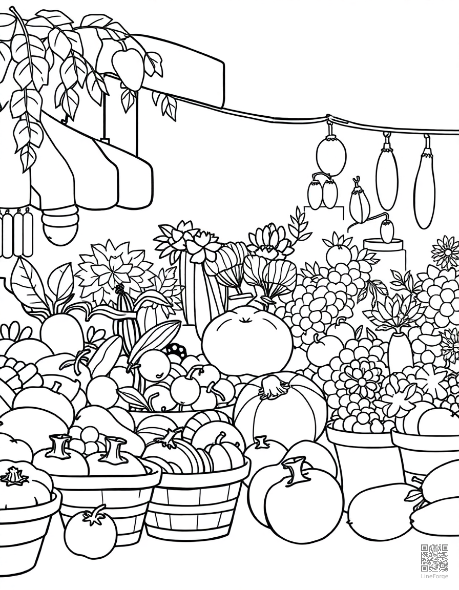 Free summer farmer market with fresh produce coloring page in contour style — printable line art