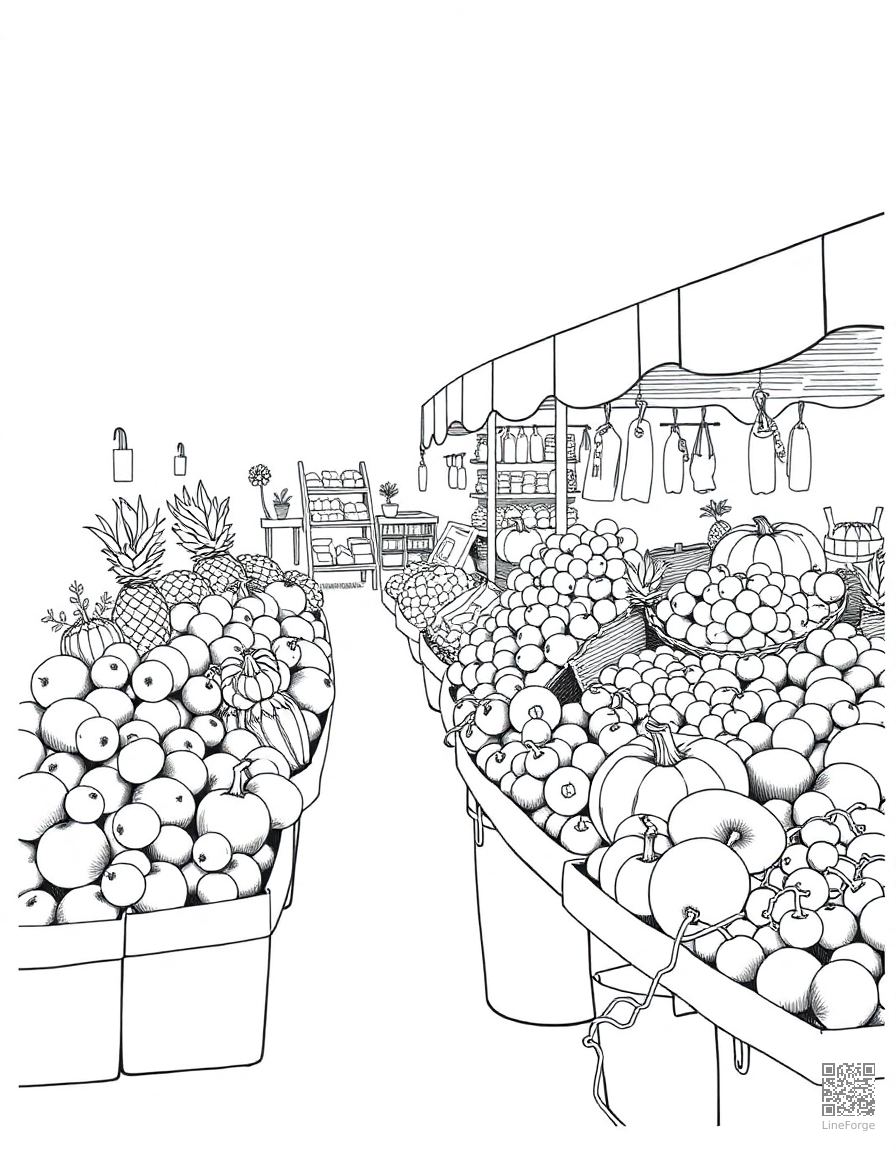 Free summer farmer market with fresh produce coloring page in crosshatch style — printable line art
