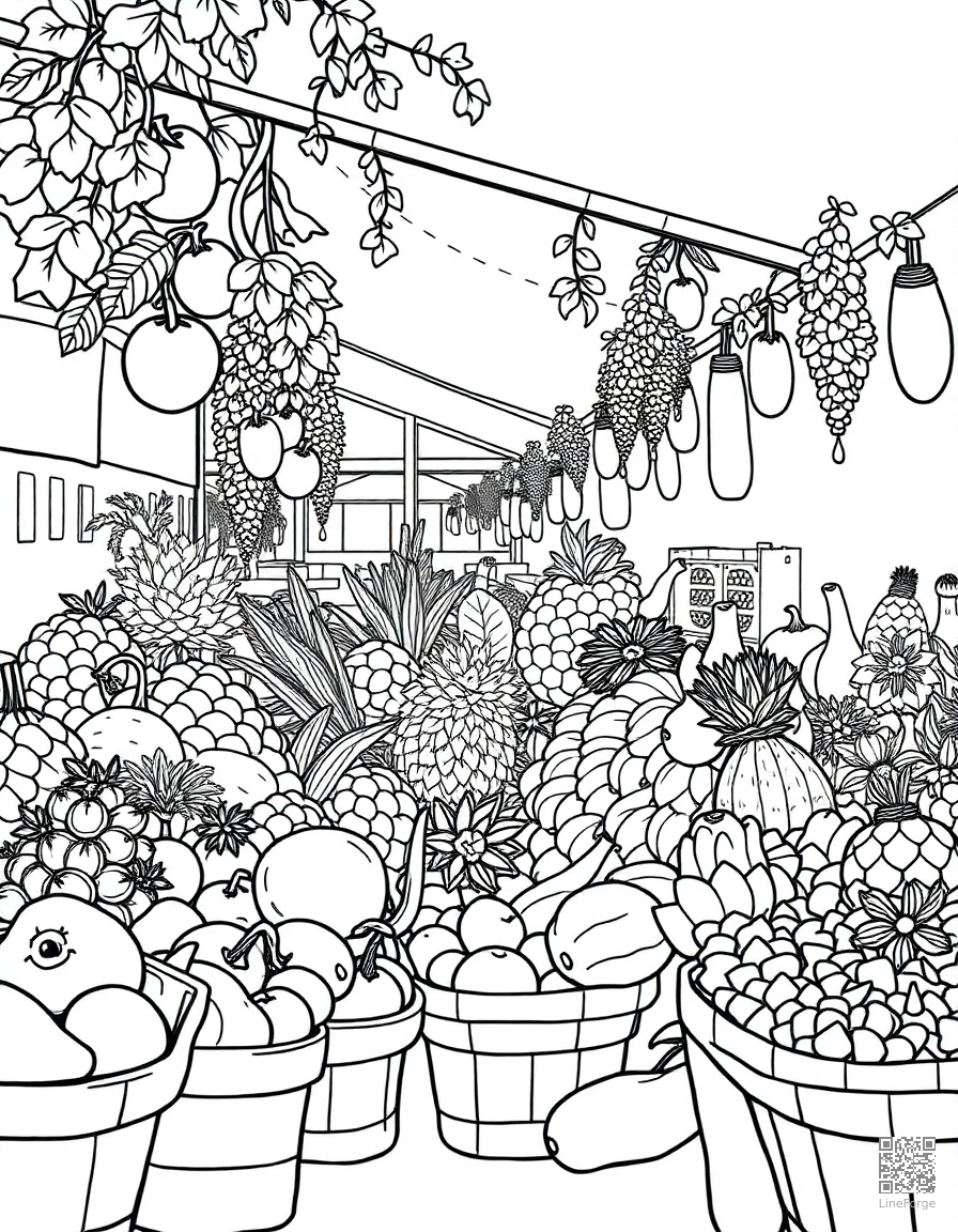 Free summer farmer market with fresh produce coloring page in manga style — printable line art