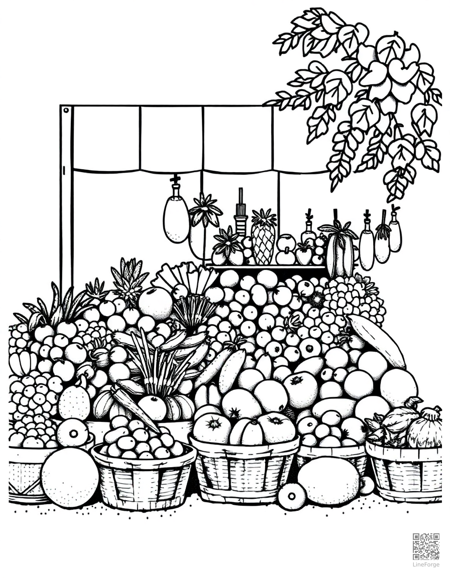 Free summer farmer market with fresh produce coloring page in stipple style — printable line art