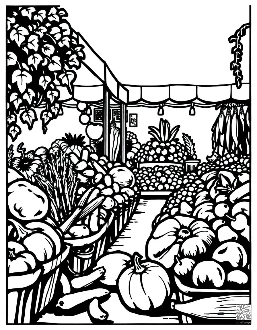 Free summer farmer market with fresh produce coloring page in woodcut style — printable line art