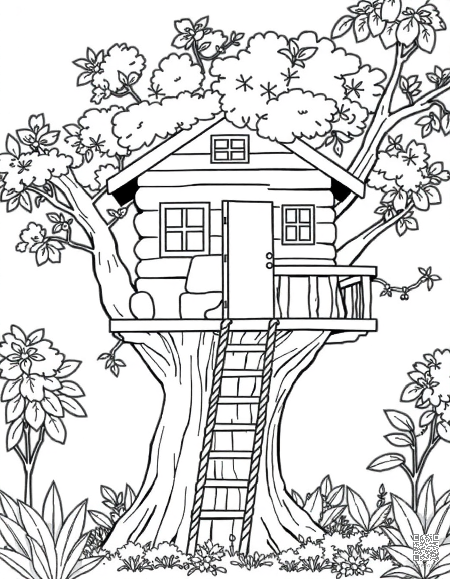 summer treehouse with rope ladder coloring page Contour style - free printable