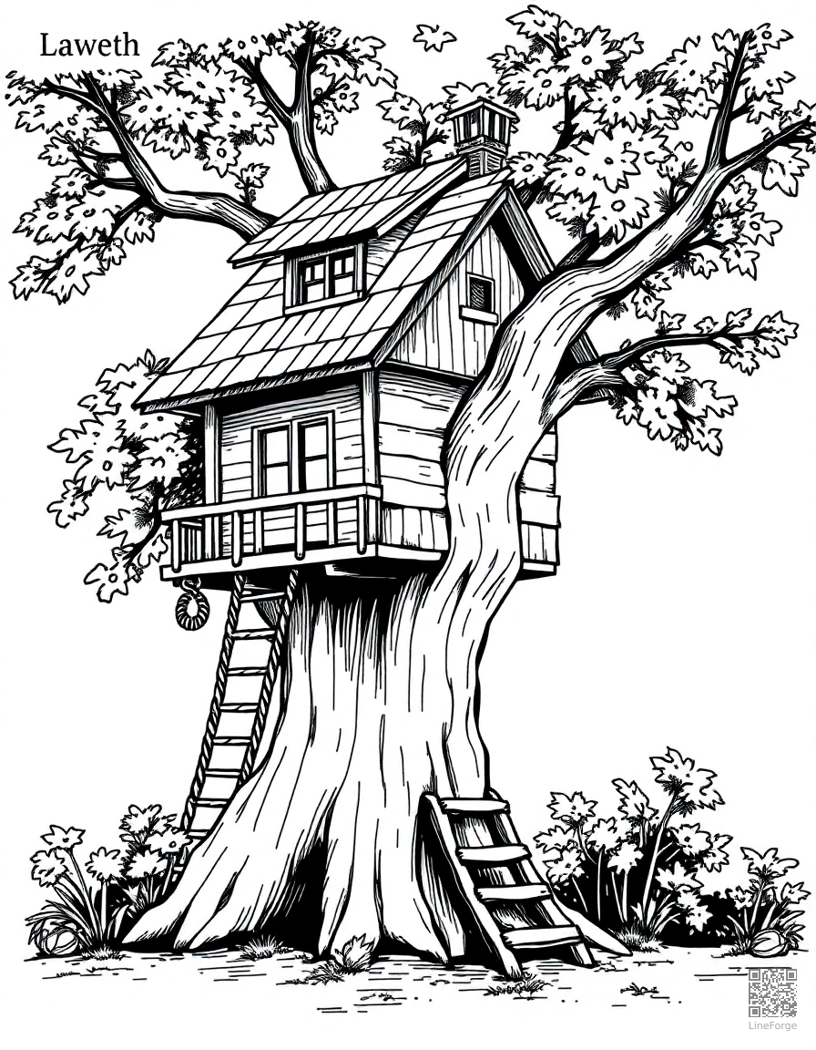 summer treehouse with rope ladder coloring page Crosshatch style - free printable