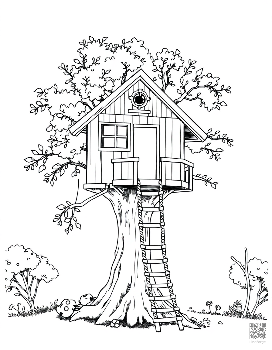 summer treehouse with rope ladder coloring page Manga style - free printable