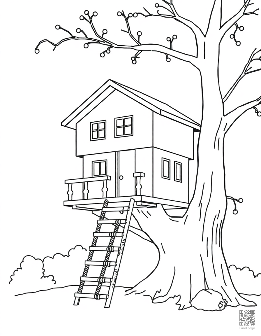 summer treehouse with rope ladder coloring page Minimal style - free printable