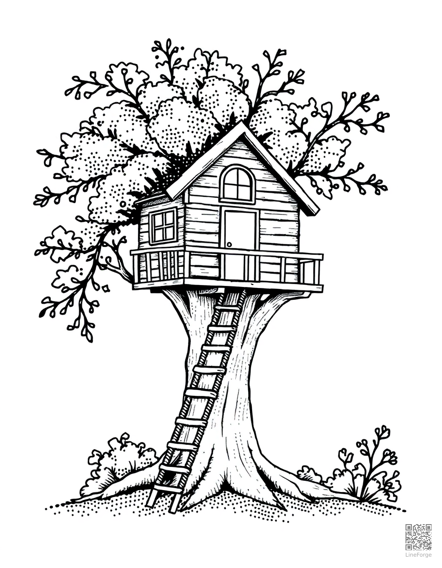 summer treehouse with rope ladder coloring page Stipple style - free printable